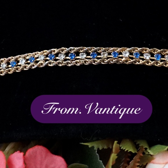 🔵⚫⚪ VINTAGE Clear + Black + Blue Rhinestone Bracelet 📿 - Picture 1 of 7